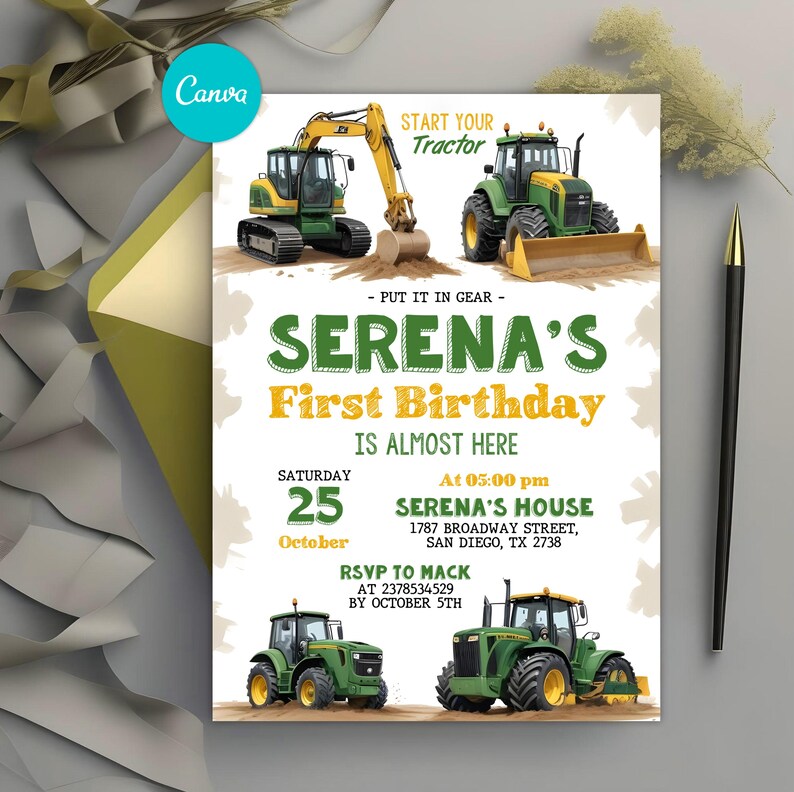 Editable Green Tractor Birthday Invitation, Farm Vehicles Theme ...