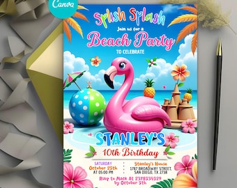 Beach Birthday Party Invitation, Summer Party Invite, Pool Invitation Template, Ocean Theme, Any Age, Printable, Editable Canva
