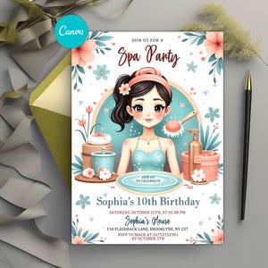 Spa Party Birthday Invitation, Pamper Party Birthday Invite, Glam Party Birthday, Spa Day, Any Age Birthday Invitation, Editable with Canva