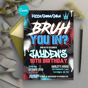 Bruh Birthday Invitation, Bruh It&#39;s My Birthday Invite, Boy Games Birthday Party Invitation, Neon Graffiti, Any Age, Instant Download