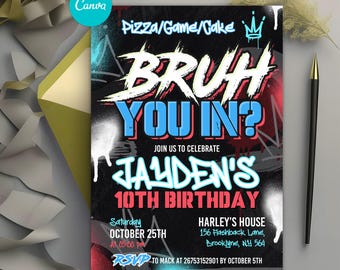 Bruh Birthday Invitation, Bruh It's My Birthday Invite, Boy Games Birthday Party Invitation, Neon Graffiti, Any Age, Instant Download