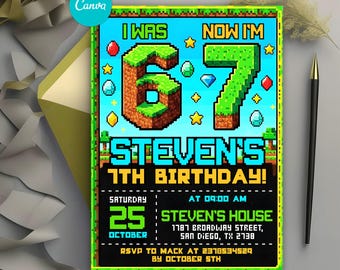 Six Seven Birthday Invitation, Pixel Block Party Invite, 7th Birthday Invitation, I Was 6 Now I’m 7, Editable Canva Template