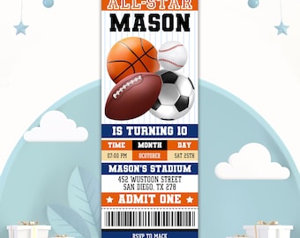All Star Sport Ticket Invitation, Sports Birthday Invitation, Sports Ticket Style Party Invite, Football, Baseball, Soccer, Basketball