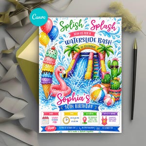 Inbjudan till vattenrutschkana, sommarfest, vattenrutschkana, barninbjudan, redigerbar Canvas-mall
