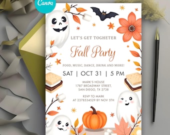 Halloween Fall Party Invitation Autumn Harvest Party Invite Backyard Camping Bonfire S'more Campfire Festival Friendsgiving