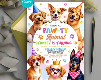 Editable Dogs Birthday Party Invitation, Puppy Birthday Invite, Calling All Pawty Animals, Dog Theme Party, Pet invitation, Instant Download