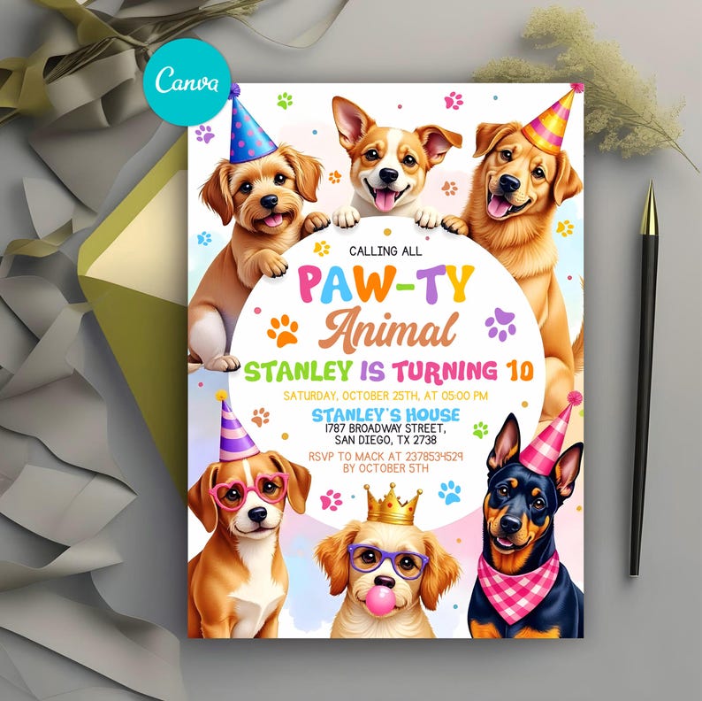 Editable Dogs Birthday Party Invitation, Puppy Birthday Invite, Calling ...