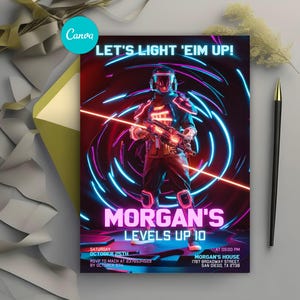 Editable Laser Tag Birthday Invitation, Neon Glow Laser Tag Invitation, Laser Tag Party Invitation Template, Boy Birthday Party Invitation