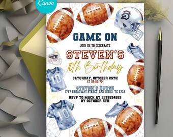 Football Birthday Invitation, Game On Sports Party Invite, American Football Theme, Any Age Birthday, Digital Editable Canva Template