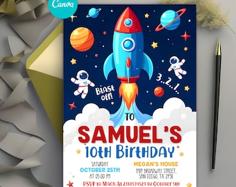 Editable Space Birthday Invitation, Galaxy Invitation, Space Party Birthday Invitation, Planets Rocket Astronaut Invite, Kids Space Invite