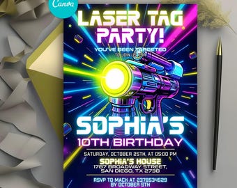 Editable Laser Tag Birthday Invitation, Laser Tag Invitation, Neon Laser Tag Invite, Neon Glow Laser Party,Boy Birthday Party Editable Canva