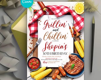 Editable BBQ Birthday Invitation, Grillin and Chillin Invitation, BBQ Party Invite, Backyard Barbeque Party Birthday Invite, Any Age, Canva