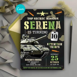 Invitations de fête militaire, invitation de fête d'anniversaire de l'armée, invitation d'anniversaire de soldat, camouflage pour tous les âges, modèle de toile modifiable