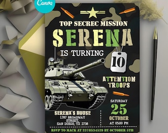 Military Party Invitations, Army Birthday Party Invitation Soldier Birthday Invite, Camouflage Any Age Invites, Editable Canva Template