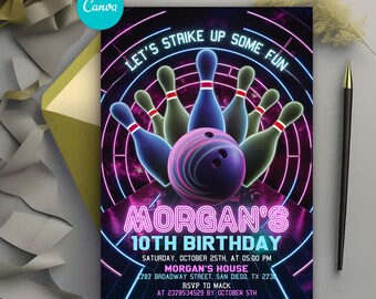 Bowling Birthday Invitation, Neon Glow Bowling Party Invitation, Girls Boys Birthday Invitation, Strike Up Some Fun Birthday Party Invite