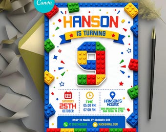 9th Building Block Birthday Invitation, Colorful Bricks Party Invite, Master Builders Birthday Party, Editable Canva Template