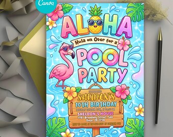 Aloha Pool Birthday Invitation, Tropical Summer Party Invite, Luau Birthday Party Invitation, Hawaiian Theme, Editable Canva Template