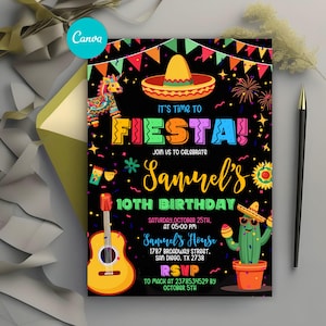 Fiesta Birthday Invitation, Mexican Theme Invitation, Mexican Papel Picado Birthday Invite, Any Age, Editable Canva Template