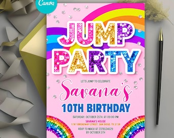 Jump Party Birthday Invitation, Rainbow Trampoline Invite, Bounce Party Template, Sequin Glitter Theme, Editable Canva, Instant Download