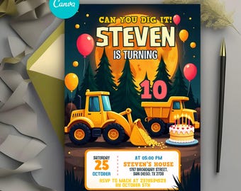 Construction Birthday Invitation, Editable Dump Truck Invite, Excavator Party, Boys Birthday, Canva Template, Digital Download