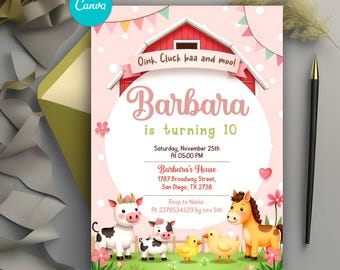Editable pink farm birthday invitation, barn animals invite for girls, girl barnyard birthday, floral barnyard animals