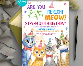 Invitación de cumpleaños de gato, invitación de cumpleaños con temática de gato, invitación de cumpleaños de Let's Pawty, cumpleaños de Are You Kitten Me, plantilla editable de Canva