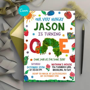 May include: A colorful invitation for a first birthday party featuring a hungry caterpillar illustration. The invitation says "Our Very Hungry Jason is Turning One" and includes details about the party, including the date, time, and location. RSVP information is also included.