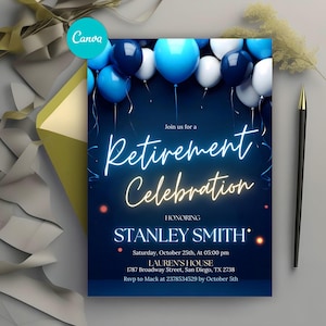 Może przedstawiać: Granatowa karta zaproszenia na uroczystość przejścia na emeryturę. Karta zawiera niebieskie i białe balony z napisem "Retirement Celebration" w świecącej czcionce. Karta honoruje Stanleya Smitha i zawiera szczegóły wydarzenia.