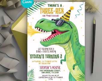 Three Rex Birthday Invitation, Editable Dino 3rd Birthday Invite, Boys Dinosaur Party, Three-Rex On The Loose, Canva Digital Template