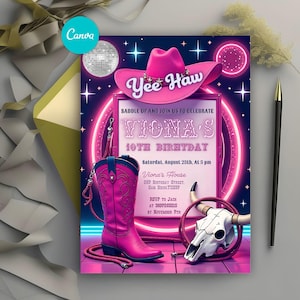 Pink Cowgirl Birthday Invitation, Editable Cowgirl Hoedown Invitation, Pink Disco Cowgirl Hoedown Birthday Party, Disco Rodeo, Nashville
