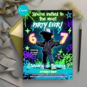 May include: A birthday party invitation with a graffiti-style design. The invitation features a cartoon figure holding the numbers 6 and 7. Text includes "You're invited to the most PARTY EVER!" and "Stevany is turning 7".