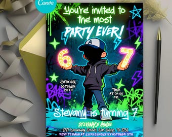 6 7 Meme Boys 7e anniversaire, invitation paerty graffiti néon, invitation Six Seven, modèle de toile modifiable
