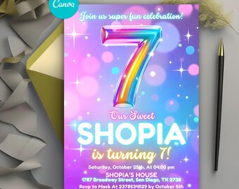 Pink 7th Birthday Invitation, Girl 7 Year Old Birthday Invite, Rainbow Foil Girl Seventh Birthday, Glitter Birthday Party, Instant Download