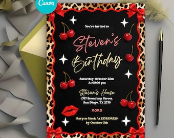 May include: A birthday party invitation with a black background, leopard print border, and red accents. The invitation includes the text "Steven's Birthday," cherries, stars, and the RSVP information.
