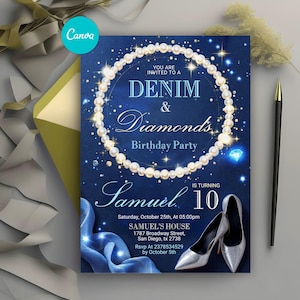 Denim and Diamonds Birthday Party Invitation, Denim Invitation Adult Birthday, Denim Birthday Dinner Invites, Blue Jeans Bling, Canva