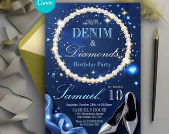 Denim and Diamonds Birthday Party Invitation, Denim Invitation Adult Birthday, Denim Birthday Dinner Invites, Blue Jeans Bling, Canva