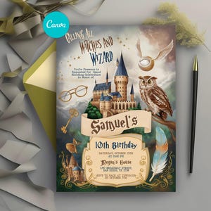 Pode incluir: Um convite de aniversário com tema Harry Potter com um castelo, uma coruja e um pomo de ouro. O convite é para o 10º aniversário de Samuel. A festa será realizada no sábado, 25 de outubro às 17:00 na casa de Megan, 1787 Broadway Street, San Diego, TX 2738. Confirme sua presença para Mack no 2378534529 até 5 de outubro.