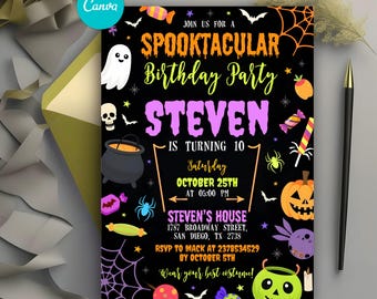 May include: A Halloween-themed birthday party invitation with the text "Spooktacular Birthday Party" and "Steven is turning 10". The invitation includes Halloween graphics like ghosts, pumpkins, and spiders. The invitation is on a black background.