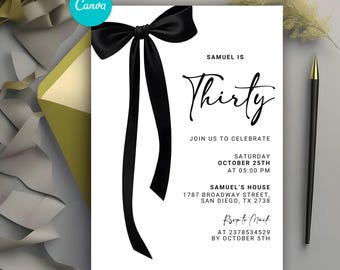 Coquette Black Bow Invittaion, Black Bow Birthday Invitation Template, Black Ribbon Coquette 30th 40th 50th Birthday Party, Canva Template
