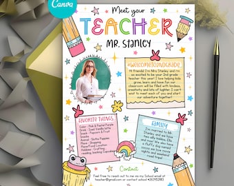 Meet The Teacher Template, Get to know Teacher Kindergarten flyer All About My Teacher, Newsletter for Back to School or Open House Editable