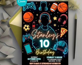 Neon Gaming Birthday Invitation | Editable Canva Template | Boys Party Invite with Gaming, Sports, Pizza & Music Theme
