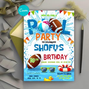 Editable Football Pool Birthday Invitation, Pool Party Birthday Invite, Sports Summer Party Invitation, Football Invitation Template