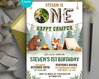 One Happy Camper Birthday Invitation, Boy First Birthday, Boy Happy camper Invitation, Camping 1st Birthday, Editable Canva Template