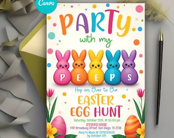 Editable Easter Egg Hunt Invitation, Easter Brunch Invite, Hop On Over Spring Easter Bunny Invite, Happy Easter Invite, Instant Download