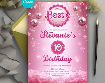 Faire-part d'anniversaire de poupée rose glamour, faire-part de fête rose scintillant, invitation à une fête Come on Lets Go, boule disco, modèle de toile modifiable