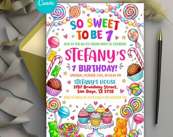 Ice Cream Party Birthday Invitation, Summer Party Invite, So Sweet to be AGE, Girl Birthday Party, Editable Canva Template
