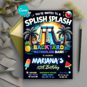 Editable Waterslide Birthday Invitation, Summer Pool Party, Boy Girl Splash Birthday Evite, Water Slide Bash Modern Canva Template