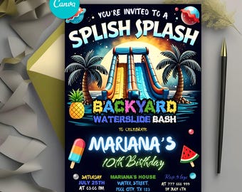 Waterslide Birthday Invitation, Summer Pool Party Invite, Boy Girl Splash Birthday Party Theme, Water Slide Bash, Editable Canva Template