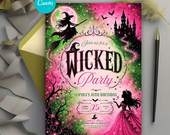 Wicked Birthday Invitation, Magical Fantasy Party Invite, Girls Birthday Party, Pink Green Witch Invitation, Editable Canva Template