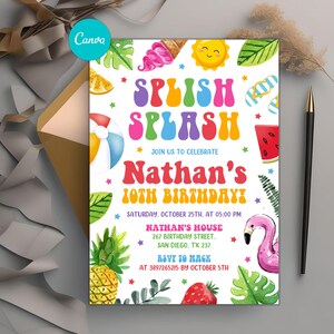 Pool Birthday Party Invitation, Waterslide Birthday Invitation, Summer Theme Party Invite, Any Age, Digital Editable Printable